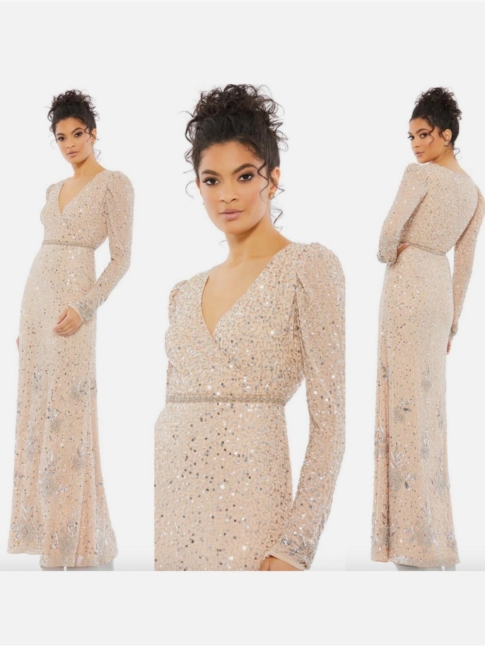 Mac Duggal Style 10769Nude Silver Beaded Sequin Floral Gown Size 14 NWT